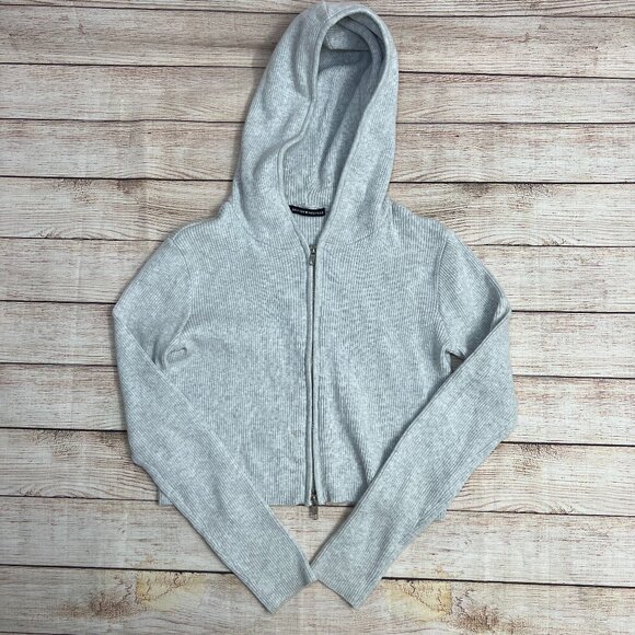 Brandy Melville Gray Ribbed Crop Hoodie Zip Up One Size Soft Knit Sweater Y2K - Picture 1 of 10